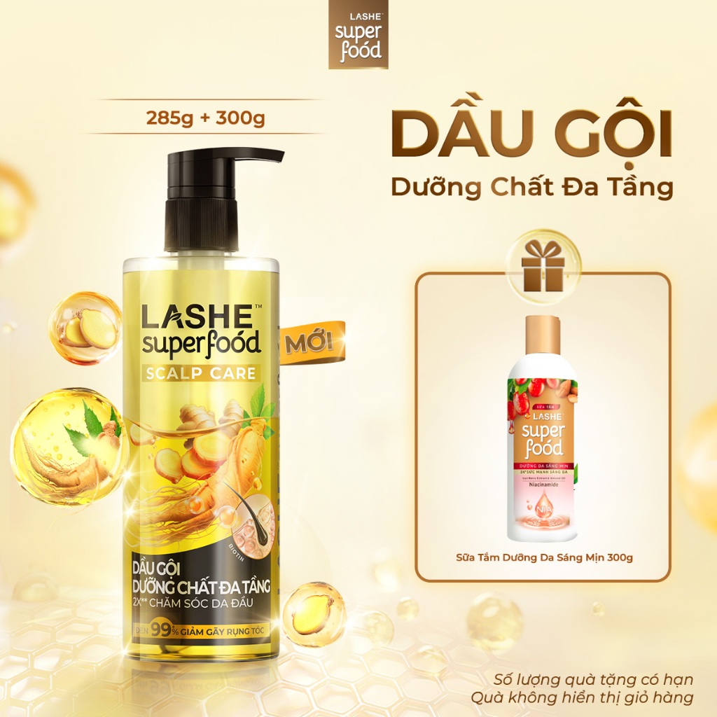 [Mới Ra Mắt] Combo Dầu Gội Dưỡng Chất Đa Tầng Lashe Superfood 285G Ngăn Gãy Rụng Tóc Và Sữa Tắm Dưỡn