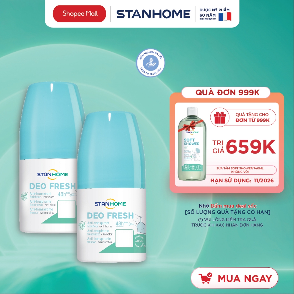 Combo 2 Lăn Khử Mùi Ngăn Tiết Mồ Hôi Cho Trẻ Em Và Cho Da Nhạy Cảm Không Cồn Hương Tươi Mát Stanhome