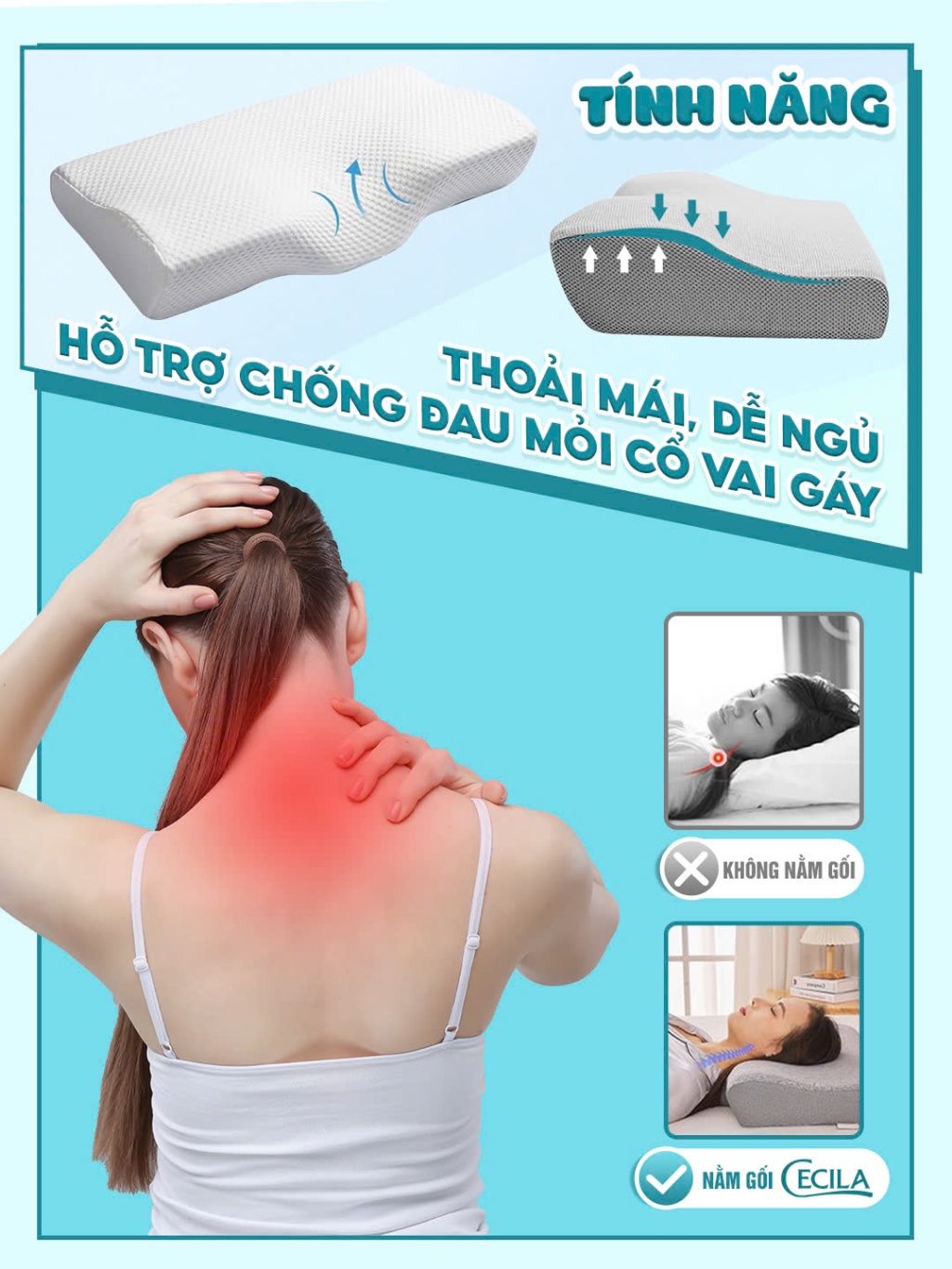 Gối Chống Đau Mỏi Cổ Vai Gáy Cecila Cao Su Non Giúp Ngủ Ngon Ngủ Sâu Hơn