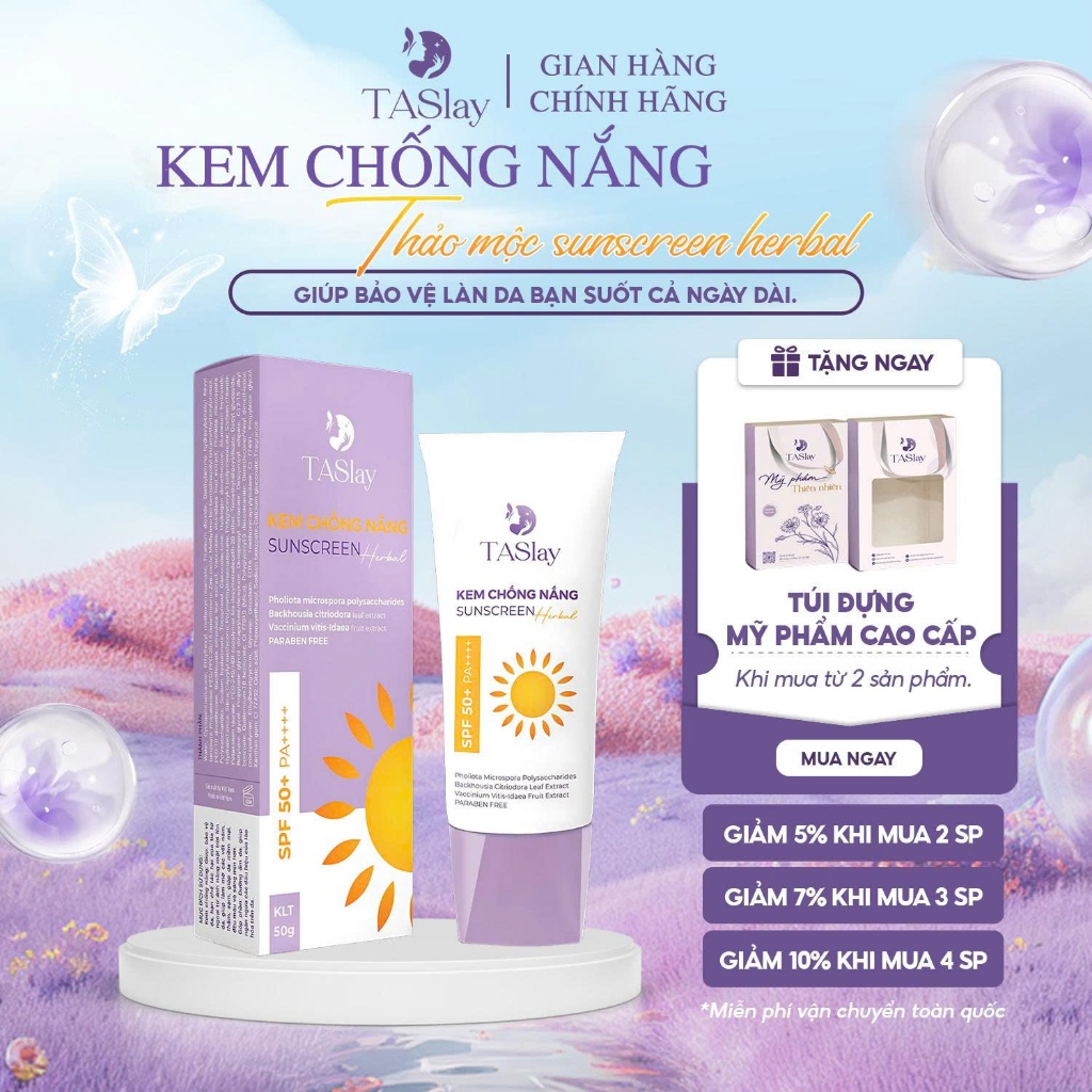 Taslay Kem Chống Nắng Thảo Mộc Spf 50+ Pa++++ Bảo Vệ Da Toàn Diện Không Chứa Cồn &Amp; Paraben 50G