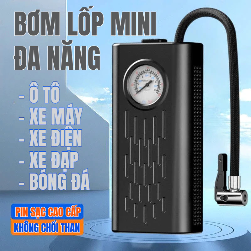 Bơm Lốp Mini Di Động Dùng Pin Sạc Cao Cấp Dùng Cho Ô Tô